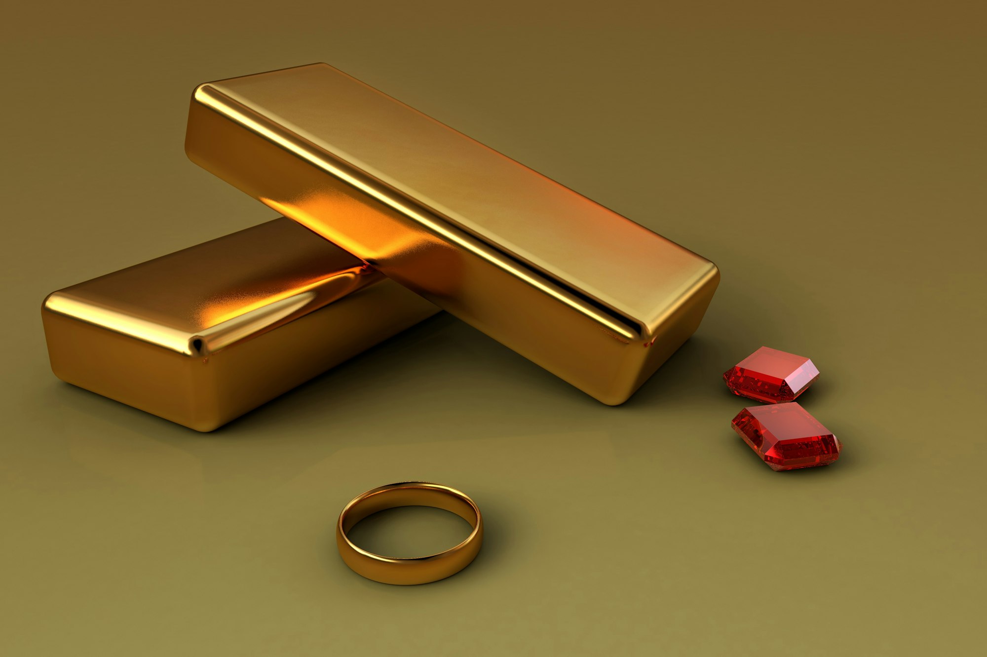 gold bars and precious stones with a gold ring on a matte surface 3d illustration of precious stones