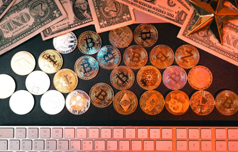 Crypto coins and money on the desktop